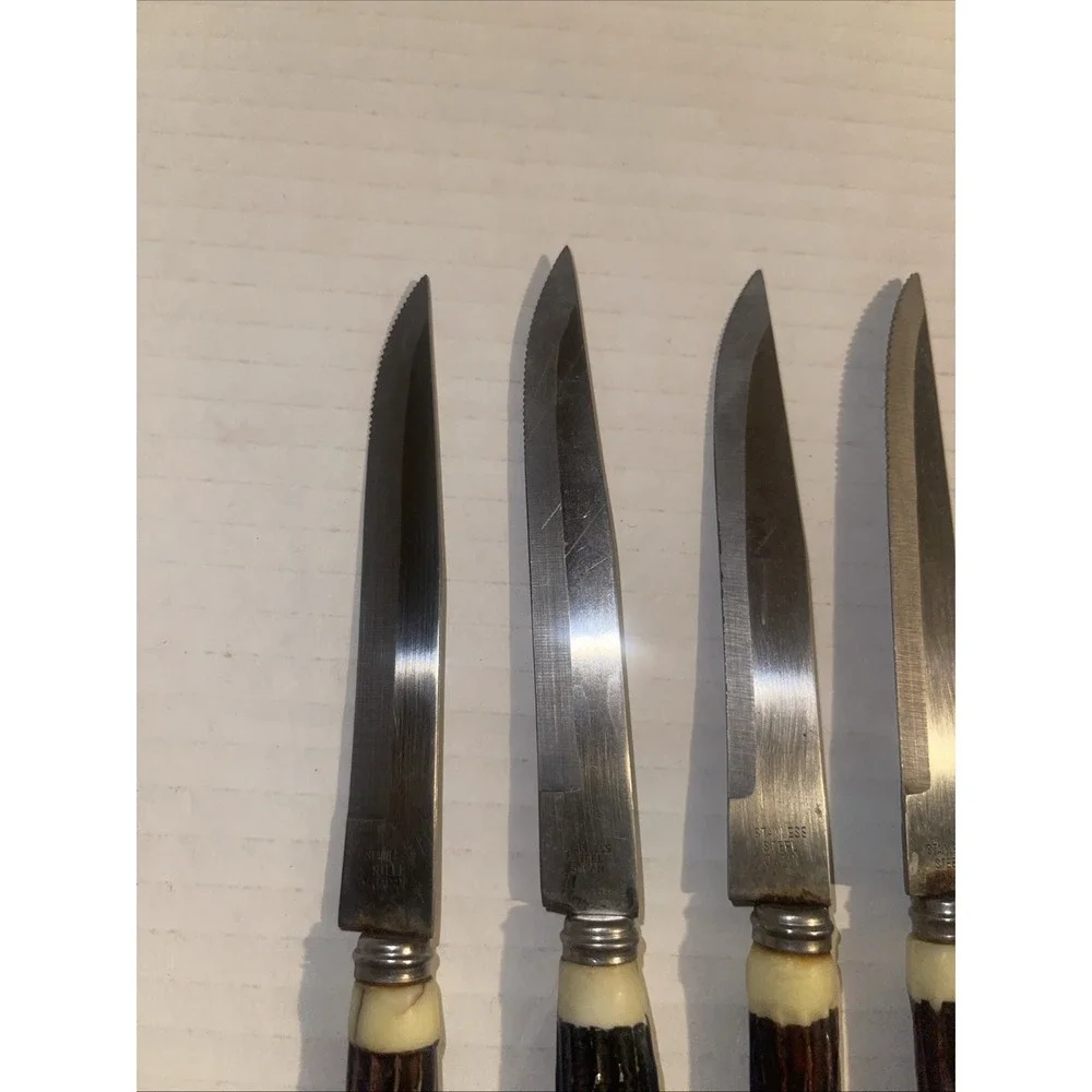 Vintage 8‎ Stainless Steel Faux Antler Steak Knives Made in Japan